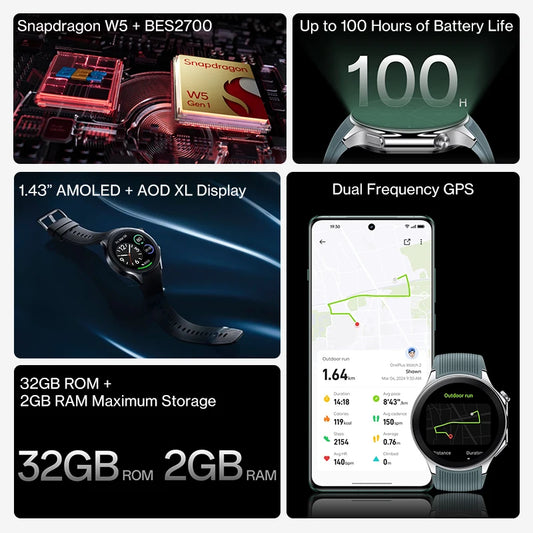 Global Version OnePlus Watch 2 Smart Watch 1.43'' AMOLED Display Snapdragon W5 Gen 1 Dual Frequency GPS Wear OS 4 NFC