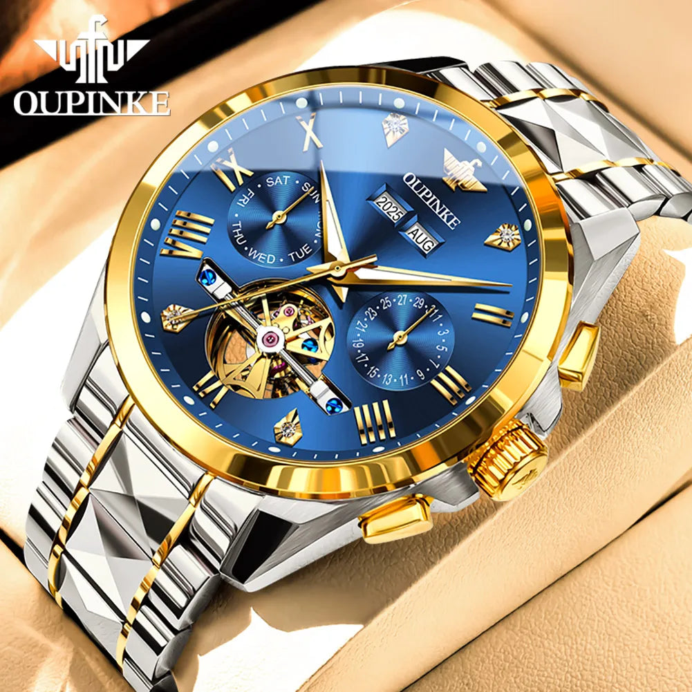 OUPINKE 3240 Skeleton Flywheel Multifunctional Automatic Mechanical Watches for Men 44mm Large Dial Tungsten Steel Luxury Watch