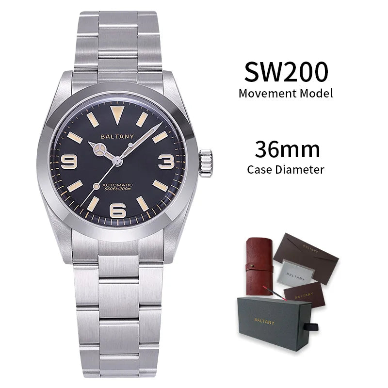 Baltany Men's Automatic Mechanical Watch Stainless Steel Bracelet Waterproof 20Bar Classic 36MM Retro Explorer Homage Watches