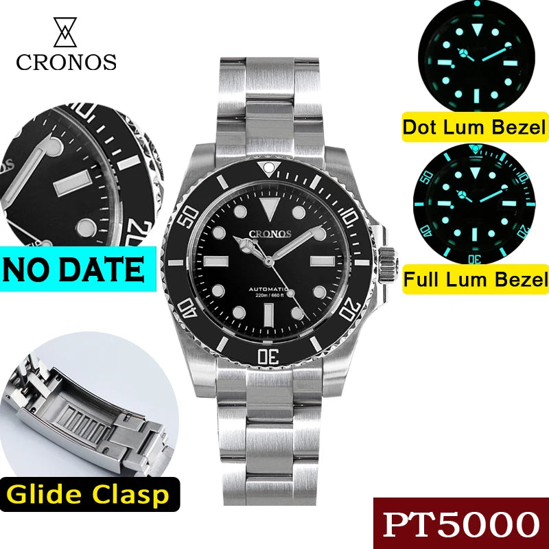 Cronos Sub Diver Men Watch No Date PT5000 Brushed Bracelet Ceramic Bezel 200 meters Water Resistant Glideclasp