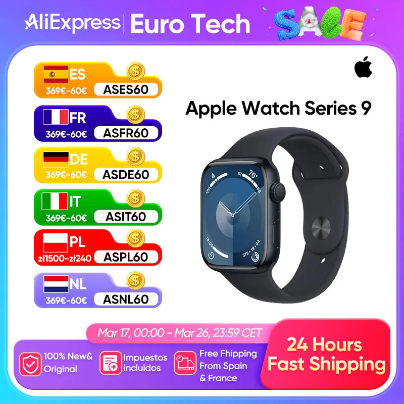 Original Apple Watch Series 9 iOS Smart Watch 41mm 45mm GPS 5.3 Bluetooth Brightness Up to 2000 n、its Emergency SOS