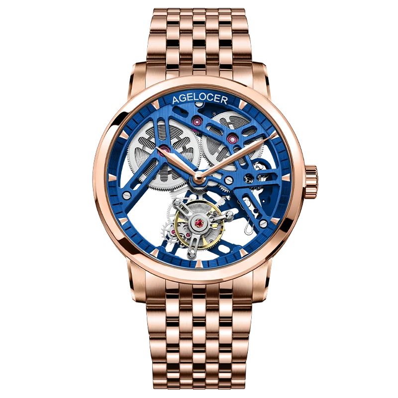 AGELOCER Original Tourbillon Watch Fashion Men's Business Formal Luxury Skeleton Manual Mechanical Watch Birthday Gift for Men