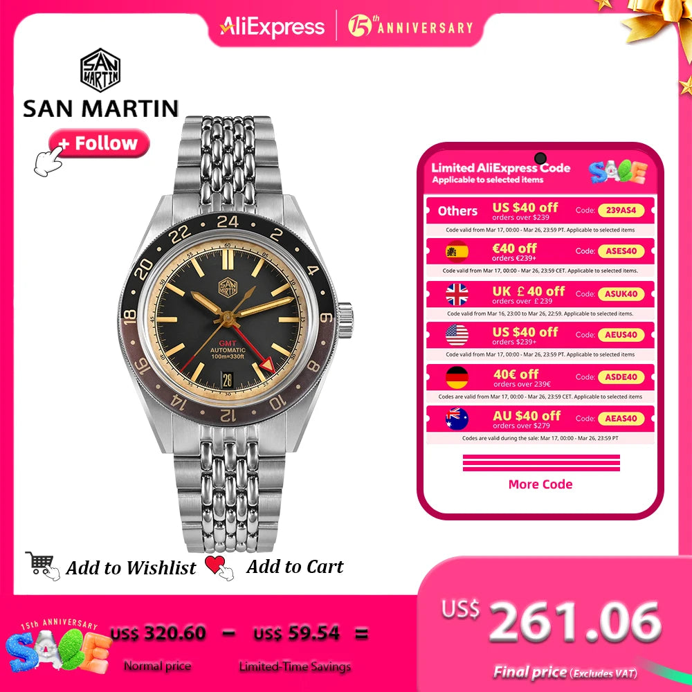 San Martin Watches Distressed Design 39.5mm Vintage Men GMT NH34 Automatic Movement Steel Rice Bracelet reloj hombre SN0116G-V6