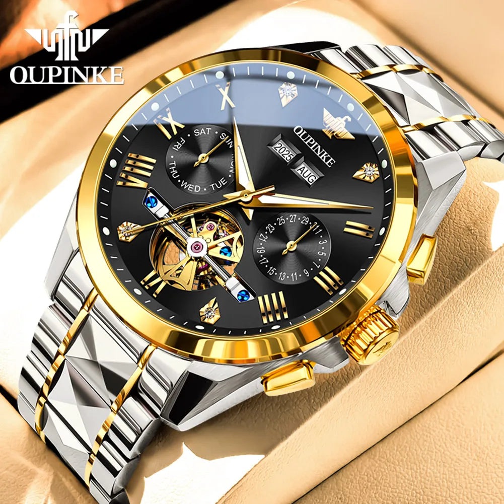 OUPINKE 3240 Skeleton Flywheel Multifunctional Automatic Mechanical Watches for Men 44mm Large Dial Tungsten Steel Luxury Watch