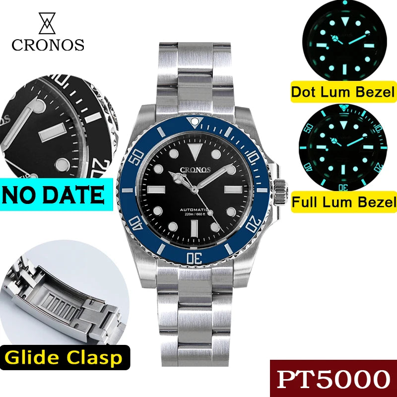 Cronos Sub Diver Men Watch No Date PT5000 Brushed Bracelet Ceramic Bezel 200 meters Water Resistant Glideclasp