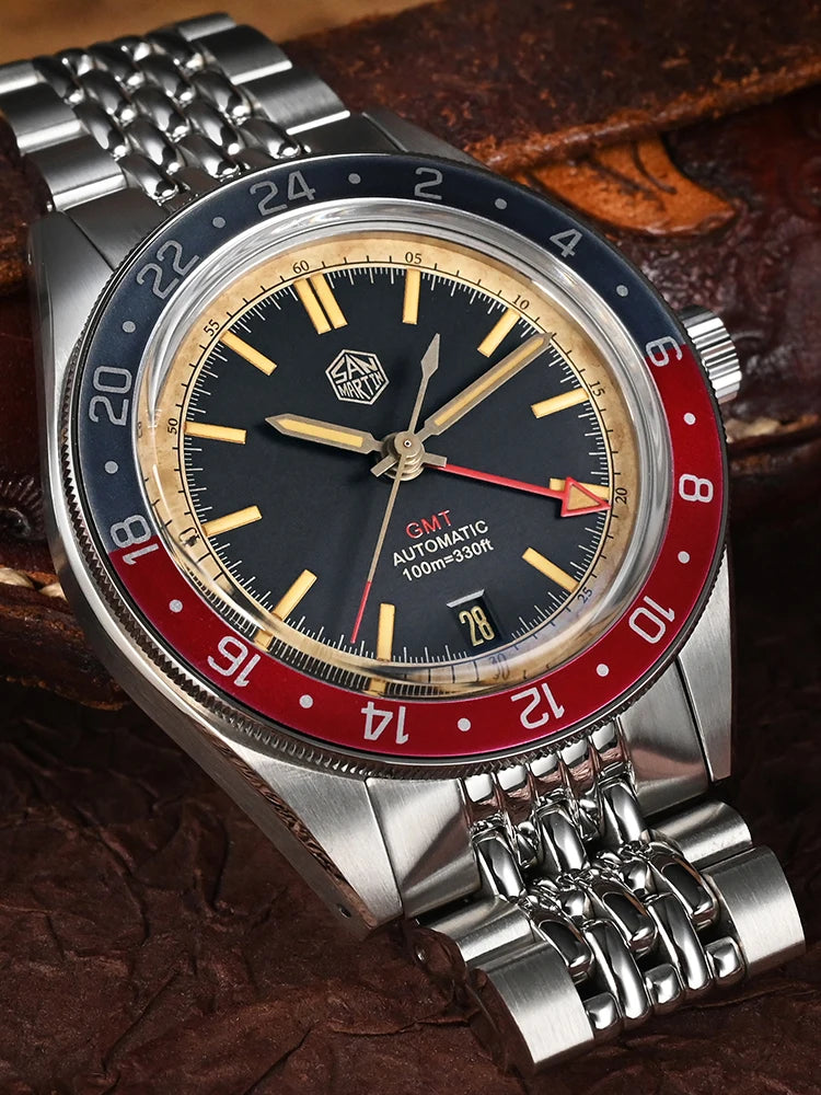 San Martin Watches Distressed Design 39.5mm Vintage Men GMT NH34 Automatic Movement Steel Rice Bracelet reloj hombre SN0116G-V6