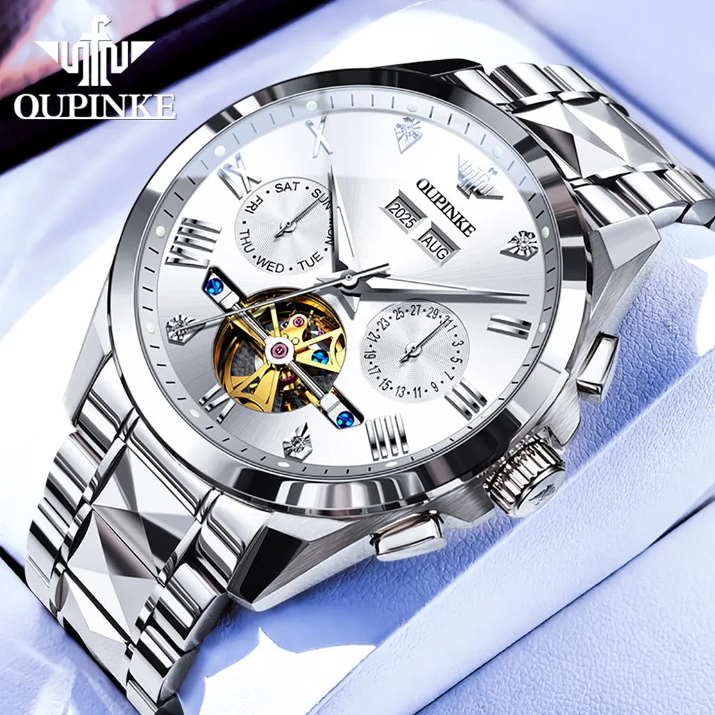 OUPINKE 3240 Skeleton Flywheel Multifunctional Automatic Mechanical Watches for Men 44mm Large Dial Tungsten Steel Luxury Watch