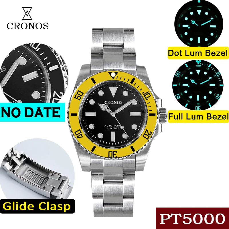 Cronos Sub Diver Men Watch No Date PT5000 Brushed Bracelet Ceramic Bezel 200 meters Water Resistant Glideclasp