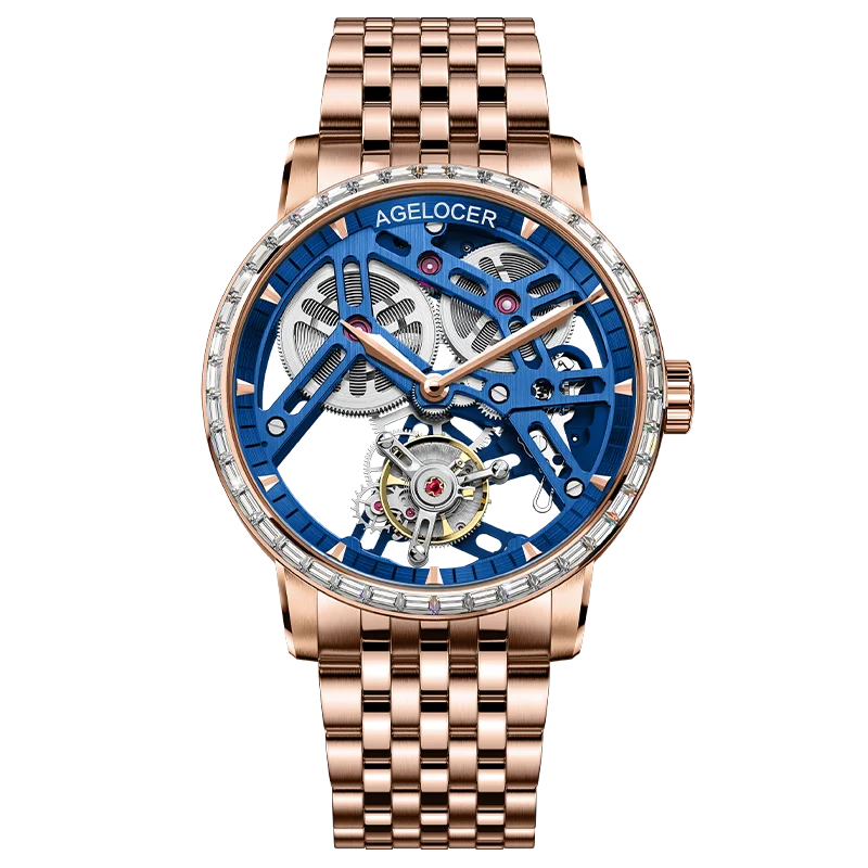 AGELOCER Original Tourbillon Watch Fashion Men's Business Formal Luxury Skeleton Manual Mechanical Watch Birthday Gift for Men