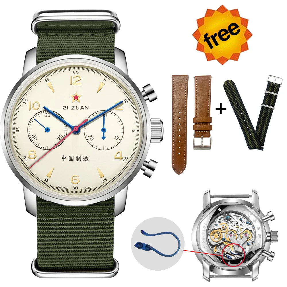 42mm 40mm 38mm Vintage Sapphire Chronograph RED STAR 1963 Men's Mechanical Watch Movement Nylon Strap Assistir Homens Luminous