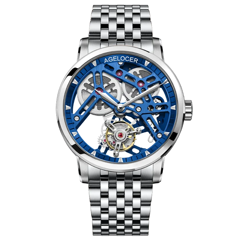 AGELOCER Original Tourbillon Watch Fashion Men's Business Formal Luxury Skeleton Manual Mechanical Watch Birthday Gift for Men
