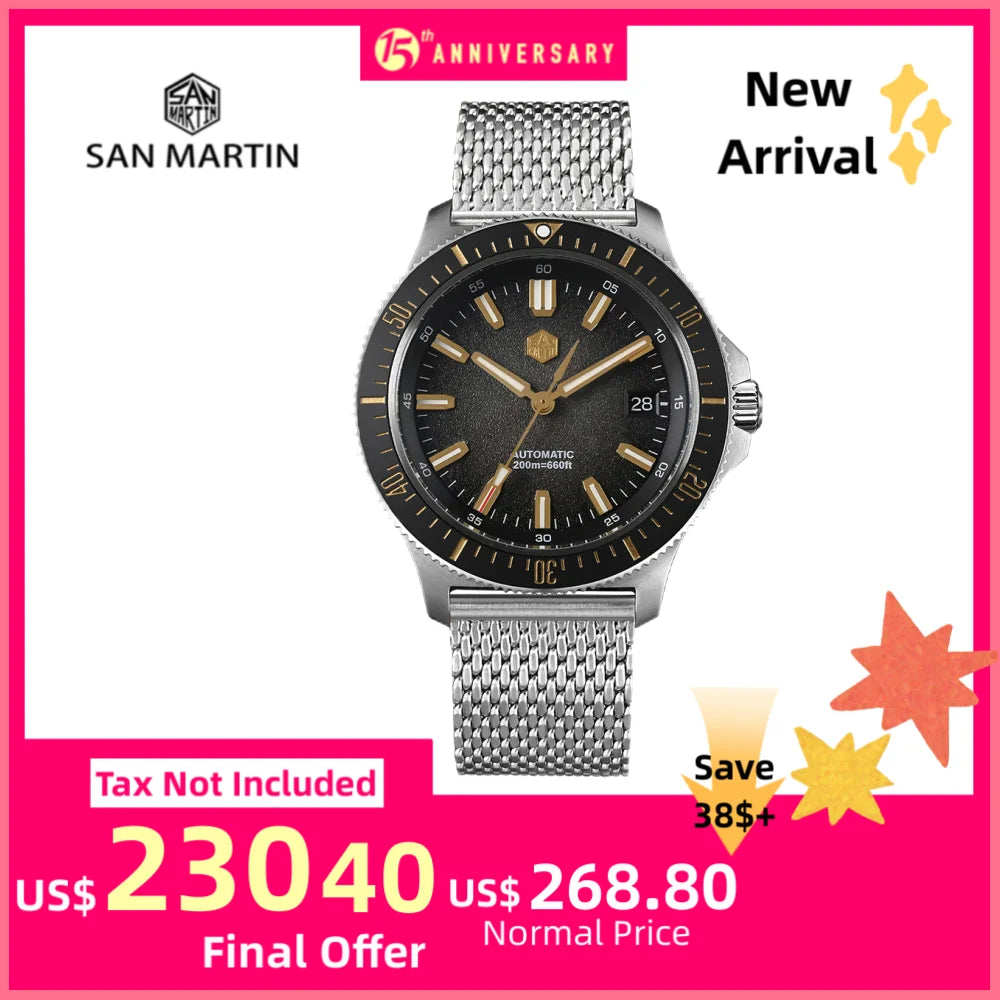 San Martin 40mm NH35 Automatic Mens Diving Watch 3H Date Mesh Bracelet Sapphire 20Bar BGW-X1 Blue Luminous Fashion SN0118-1