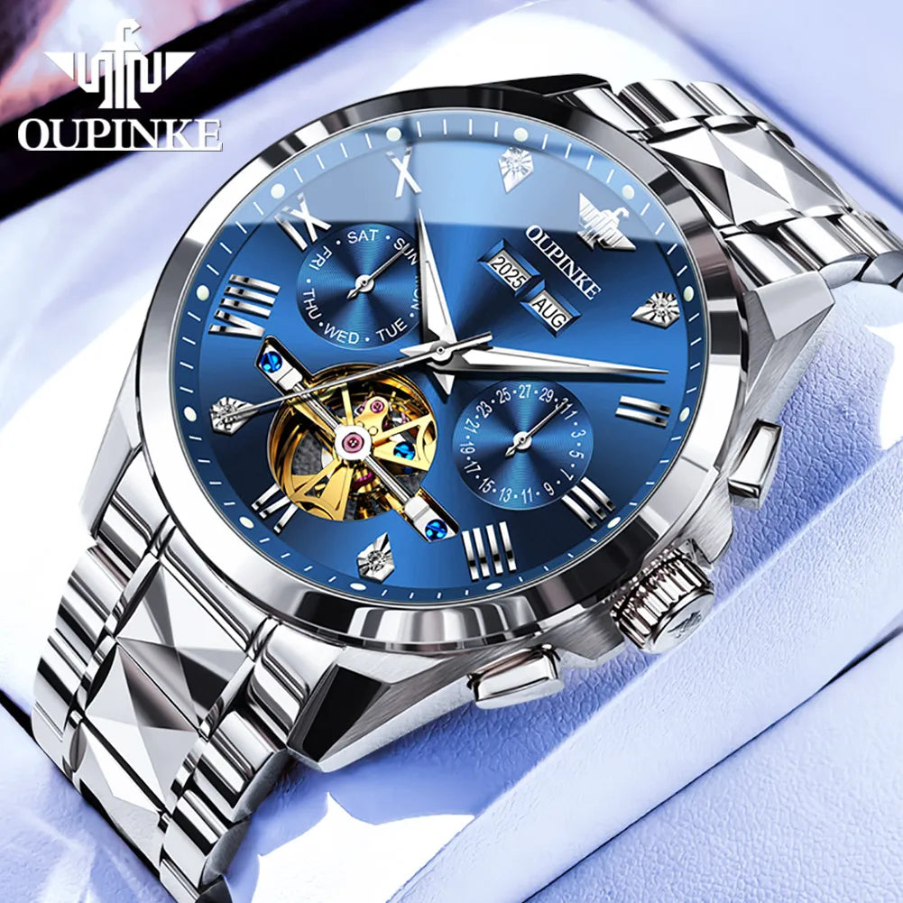 OUPINKE 3240 Skeleton Flywheel Multifunctional Automatic Mechanical Watches for Men 44mm Large Dial Tungsten Steel Luxury Watch