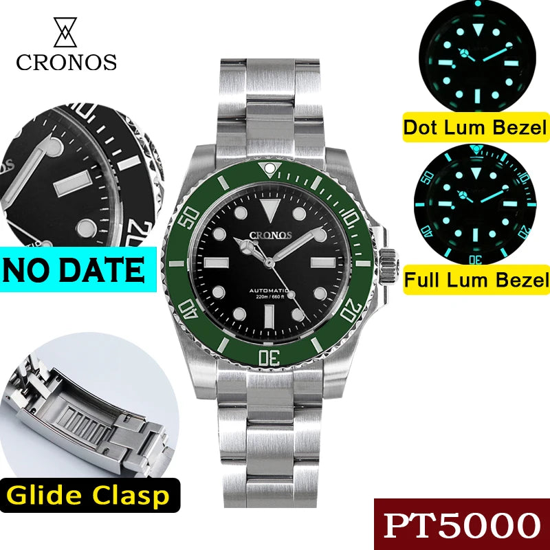 Cronos Sub Diver Men Watch No Date PT5000 Brushed Bracelet Ceramic Bezel 200 meters Water Resistant Glideclasp