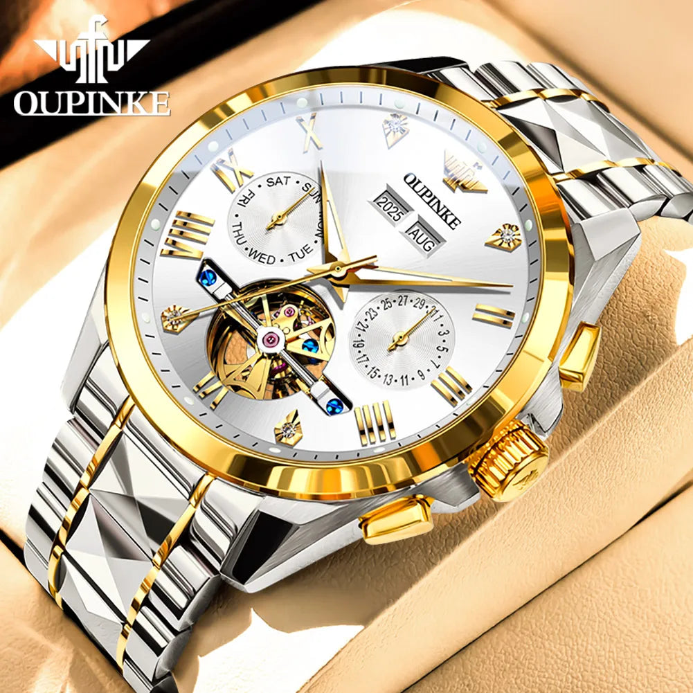 OUPINKE 3240 Skeleton Flywheel Multifunctional Automatic Mechanical Watches for Men 44mm Large Dial Tungsten Steel Luxury Watch