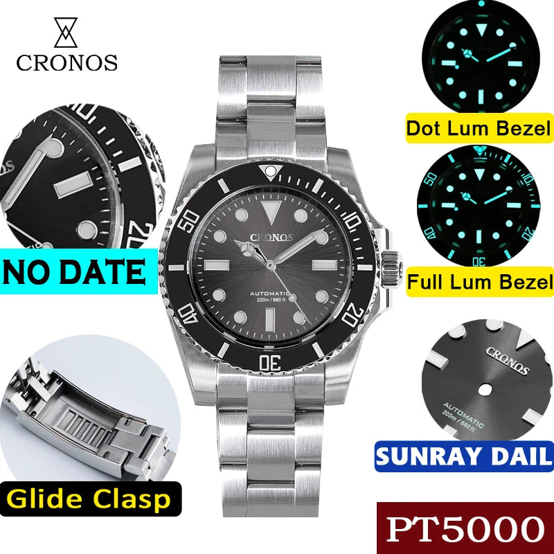 Cronos Sub Diver Men Watch No Date PT5000 Brushed Bracelet Ceramic Bezel 200 meters Water Resistant Glideclasp