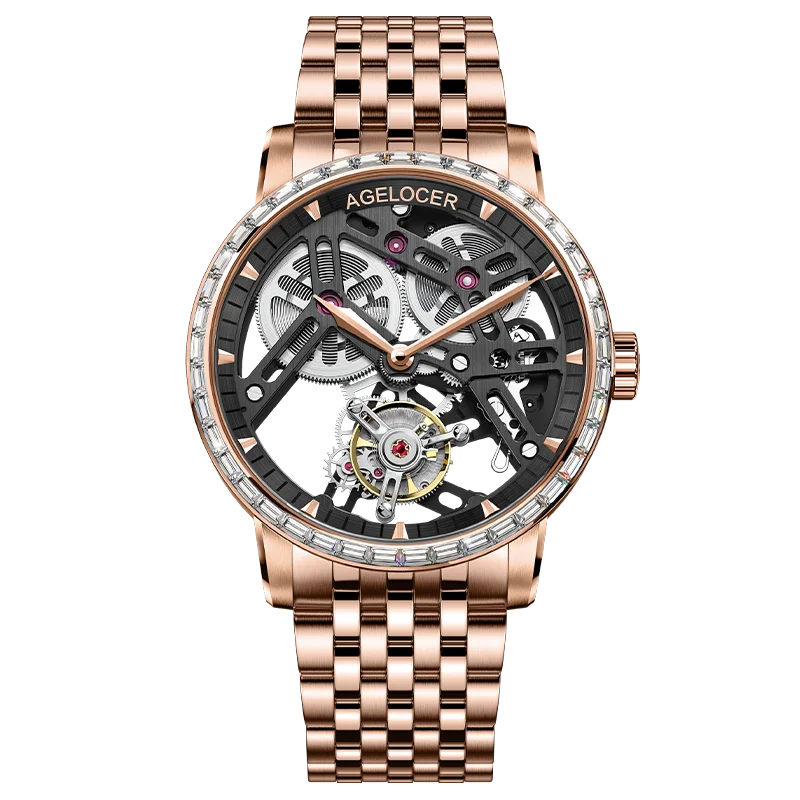 AGELOCER Original Tourbillon Watch Fashion Men's Business Formal Luxury Skeleton Manual Mechanical Watch Birthday Gift for Men