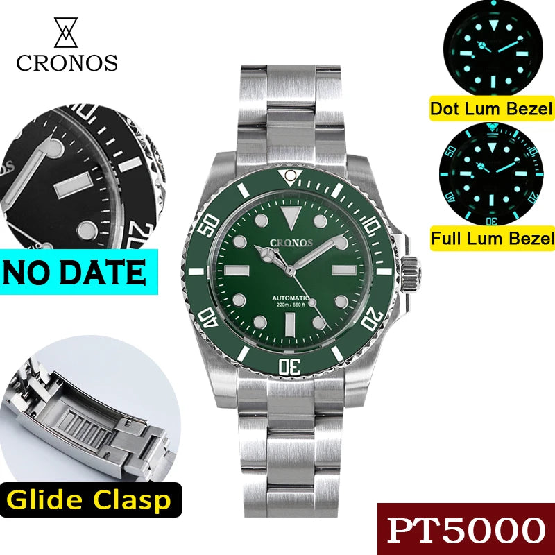 Cronos Sub Diver Men Watch No Date PT5000 Brushed Bracelet Ceramic Bezel 200 meters Water Resistant Glideclasp