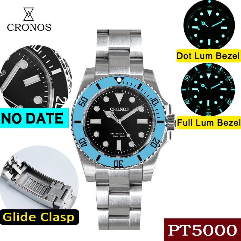 Cronos Sub Diver Men Watch No Date PT5000 Brushed Bracelet Ceramic Bezel 200 meters Water Resistant Glideclasp