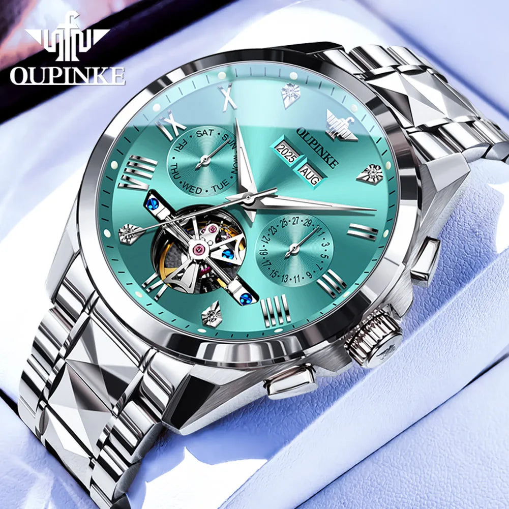 OUPINKE 3240 Skeleton Flywheel Multifunctional Automatic Mechanical Watches for Men 44mm Large Dial Tungsten Steel Luxury Watch