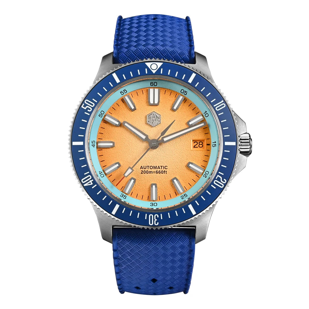 San Martin 40mm NH35 Automatic Mens Diving Watch 3H Date Mesh Bracelet Sapphire 20Bar BGW-X1 Blue Luminous Fashion SN0118-1