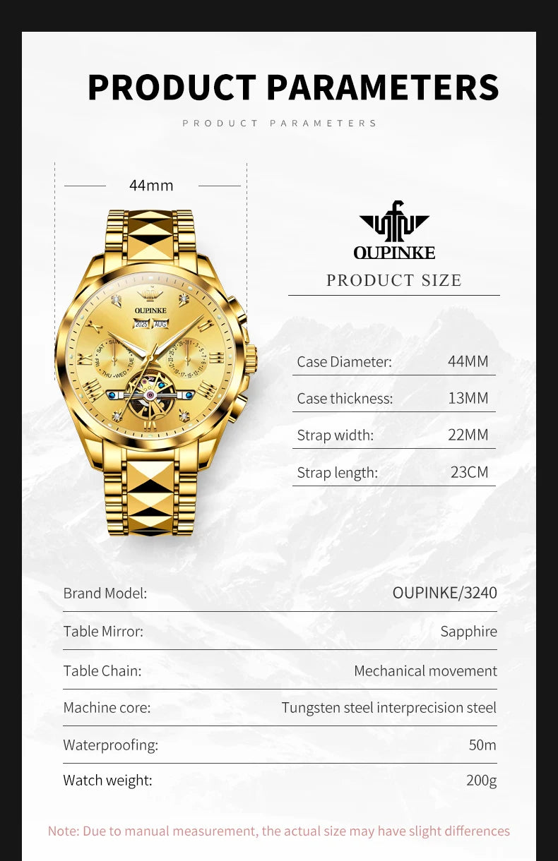 OUPINKE 3240 Skeleton Flywheel Multifunctional Automatic Mechanical Watches for Men 44mm Large Dial Tungsten Steel Luxury Watch