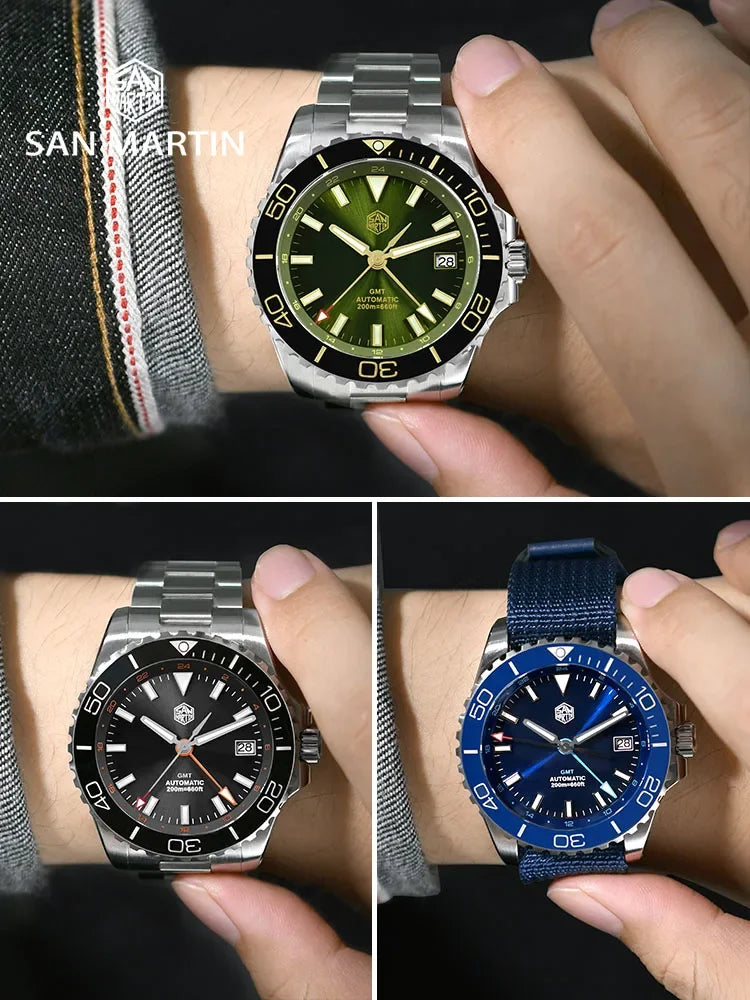 San Martin SN0136 39mm Diver Watch GMT NH34 Automatic Mechanical Enamel Dial Sapphire Luminous Stainless Steel Luxury Men Watch