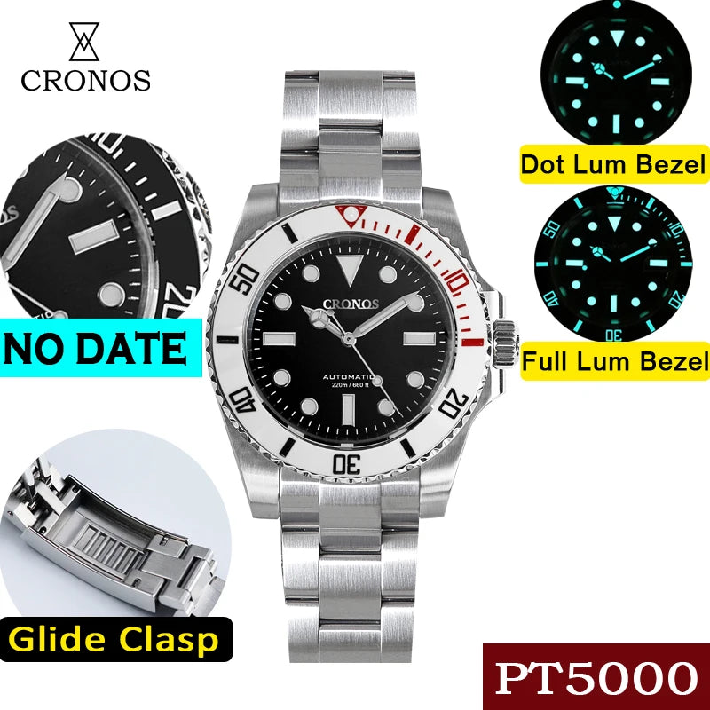 Cronos Sub Diver Men Watch No Date PT5000 Brushed Bracelet Ceramic Bezel 200 meters Water Resistant Glideclasp