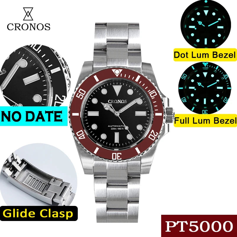Cronos Sub Diver Men Watch No Date PT5000 Brushed Bracelet Ceramic Bezel 200 meters Water Resistant Glideclasp
