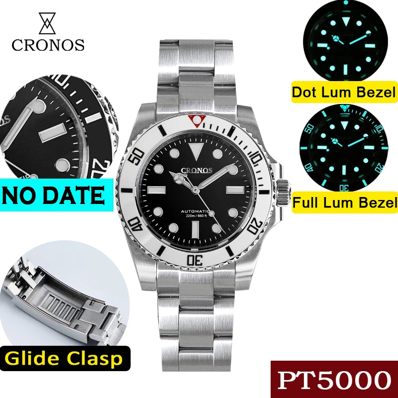 Cronos Sub Diver Men Watch No Date PT5000 Brushed Bracelet Ceramic Bezel 200 meters Water Resistant Glideclasp