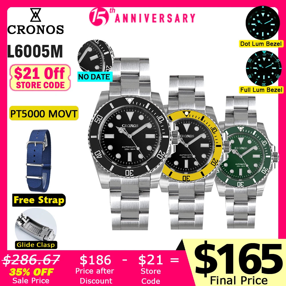 Cronos Sub Diver Men Watch No Date PT5000 Brushed Bracelet Ceramic Bezel 200 meters Water Resistant Glideclasp