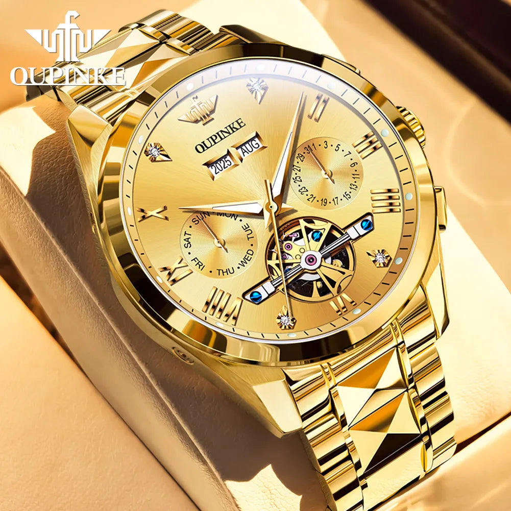 OUPINKE 3240 Skeleton Flywheel Multifunctional Automatic Mechanical Watches for Men 44mm Large Dial Tungsten Steel Luxury Watch