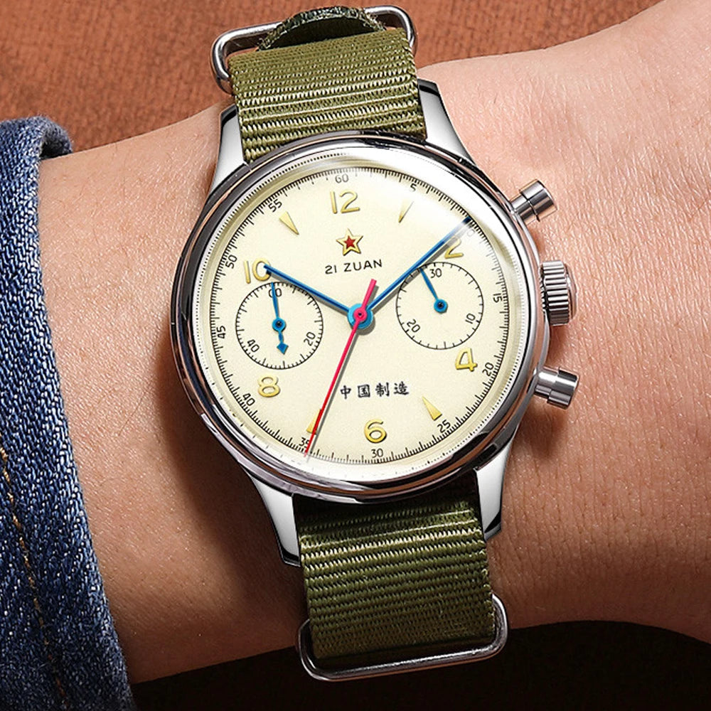 42mm 40mm 38mm Vintage Sapphire Chronograph RED STAR 1963 Men's Mechanical Watch Movement Nylon Strap Assistir Homens Luminous