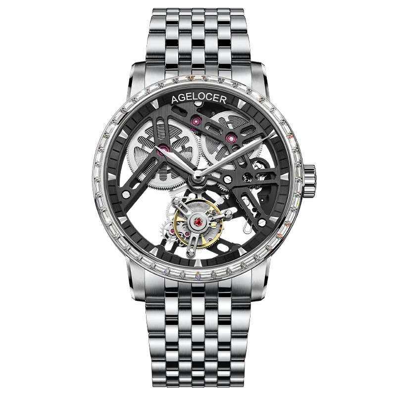 AGELOCER Original Tourbillon Watch Fashion Men's Business Formal Luxury Skeleton Manual Mechanical Watch Birthday Gift for Men