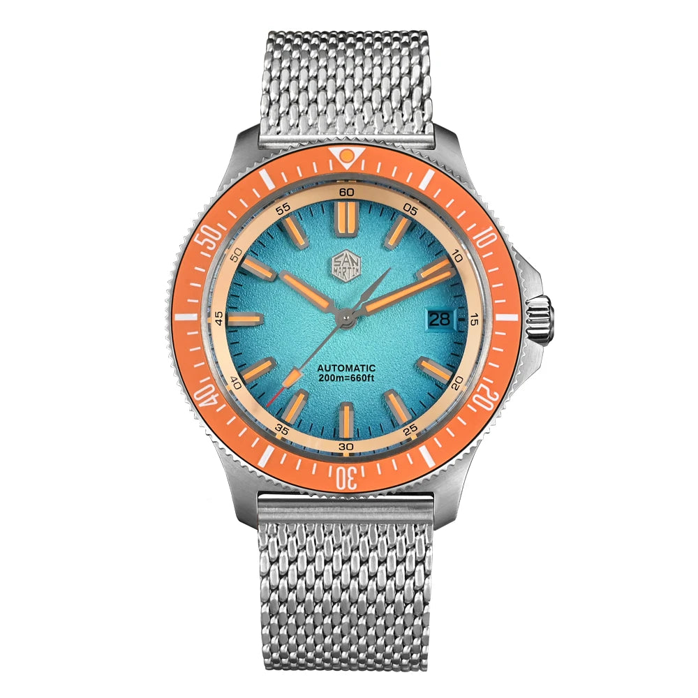 San Martin 40mm NH35 Automatic Mens Diving Watch 3H Date Mesh Bracelet Sapphire 20Bar BGW-X1 Blue Luminous Fashion SN0118-1
