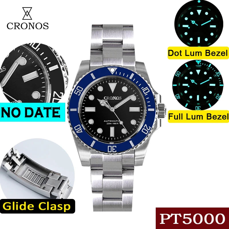 Cronos Sub Diver Men Watch No Date PT5000 Brushed Bracelet Ceramic Bezel 200 meters Water Resistant Glideclasp