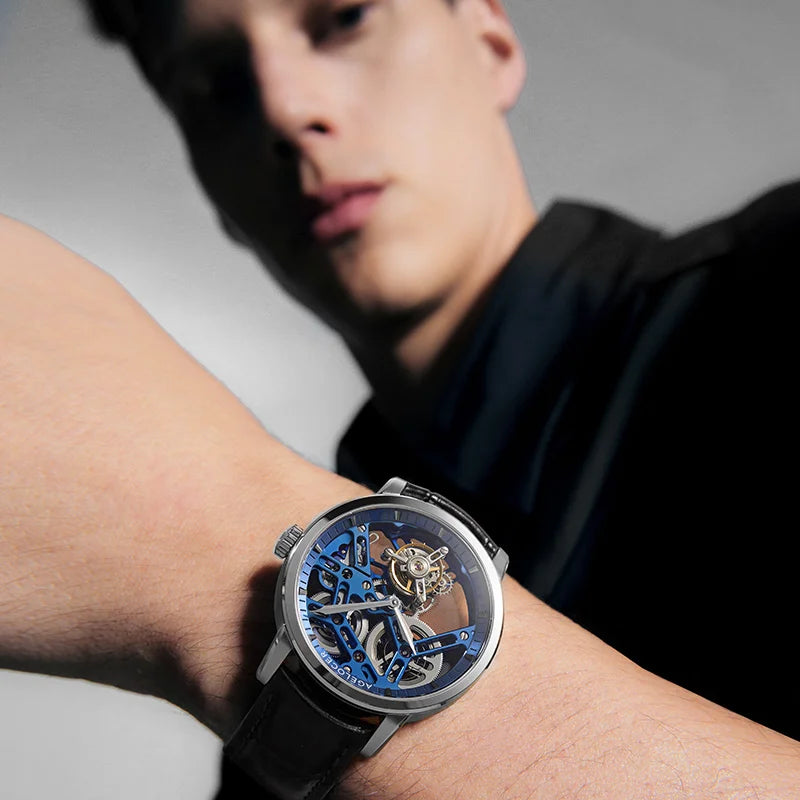 AGELOCER Original Tourbillon Watch Fashion Men's Business Formal Luxury Skeleton Manual Mechanical Watch Birthday Gift for Men