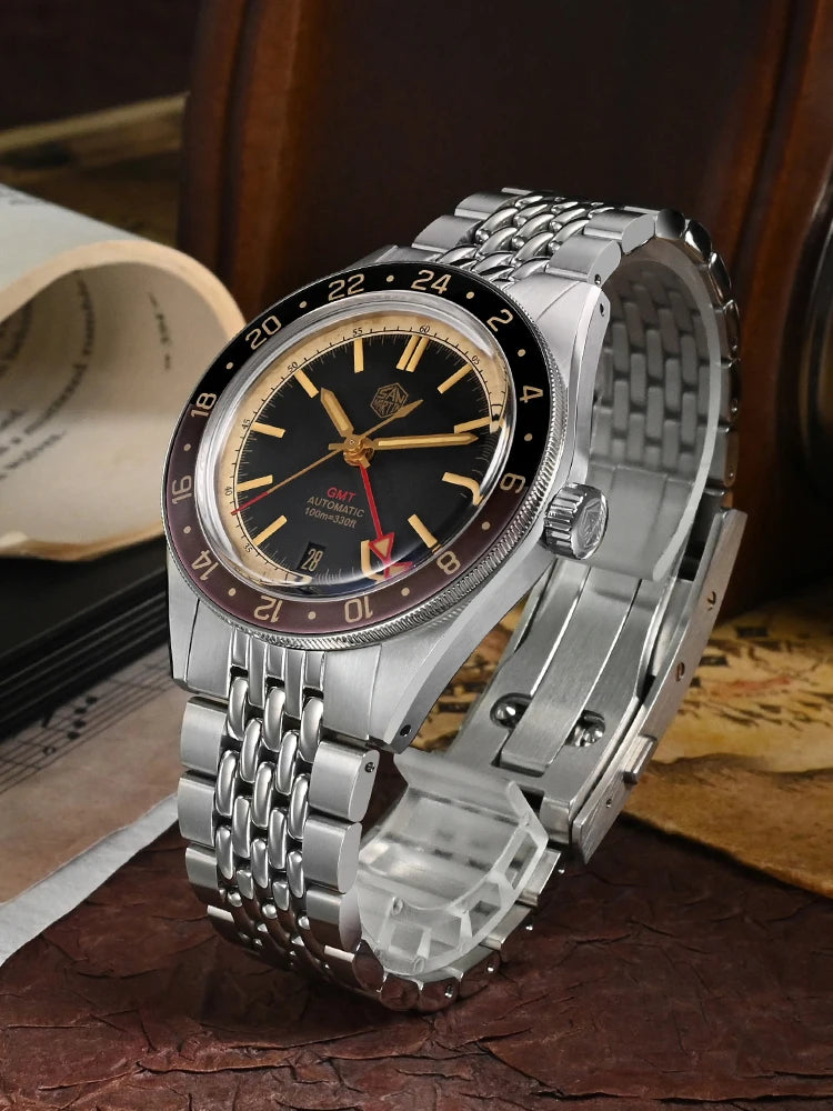 San Martin Watches Distressed Design 39.5mm Vintage Men GMT NH34 Automatic Movement Steel Rice Bracelet reloj hombre SN0116G-V6