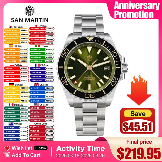 San Martin SN0136 39mm Diver Watch GMT NH34 Automatic Mechanical Enamel Dial Sapphire Luminous Stainless Steel Luxury Men Watch