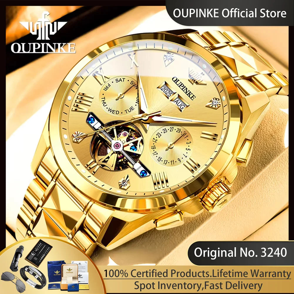 OUPINKE 3240 Skeleton Flywheel Multifunctional Automatic Mechanical Watches for Men 44mm Large Dial Tungsten Steel Luxury Watch