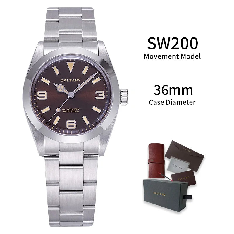 Baltany Men's Automatic Mechanical Watch Stainless Steel Bracelet Waterproof 20Bar Classic 36MM Retro Explorer Homage Watches