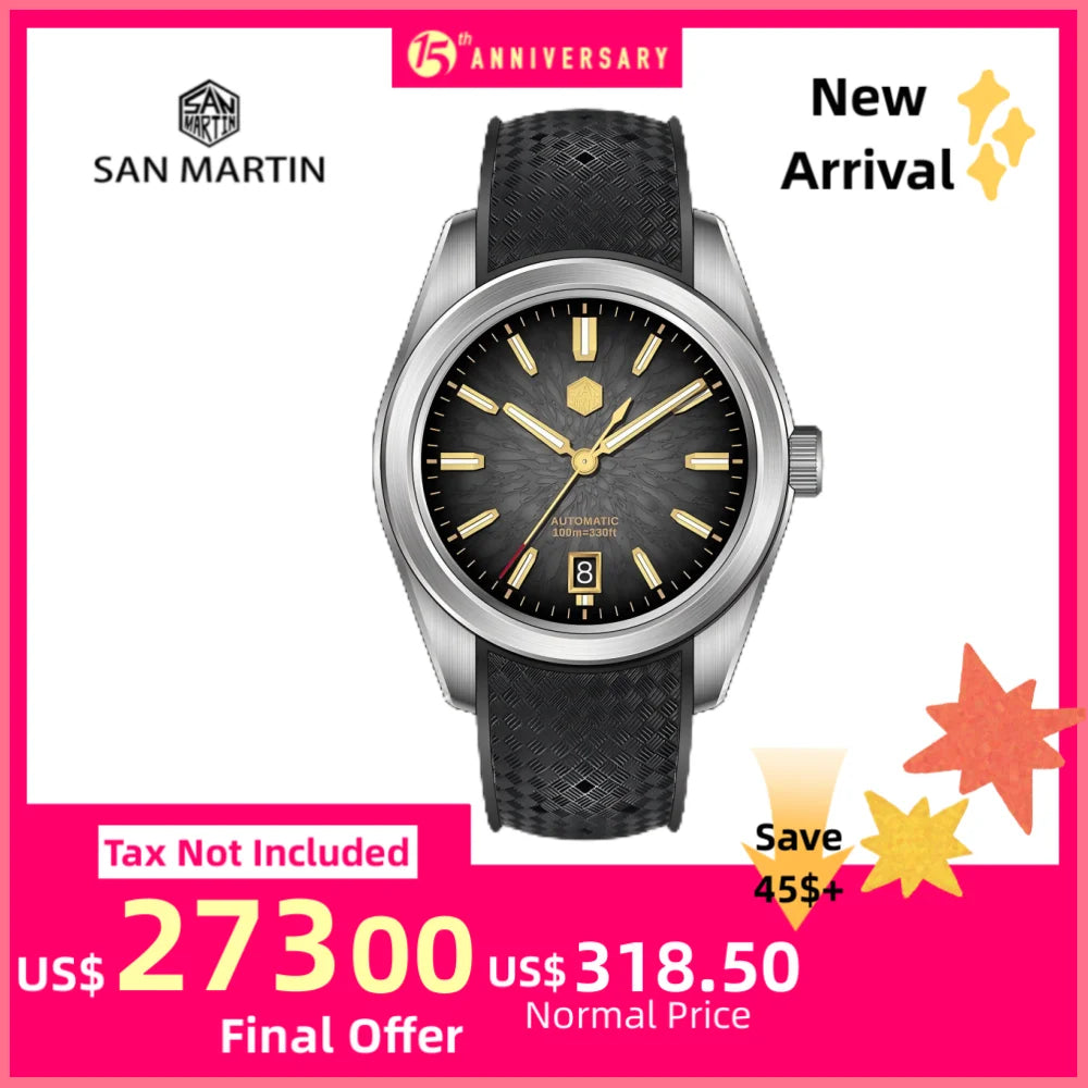 San Martin 36/39/42mm GADA JianZhan Men Watch Automatic Curved End Links Version FKM Rubber Strap BGW-X1 Dress SN0144GS/X/L-3