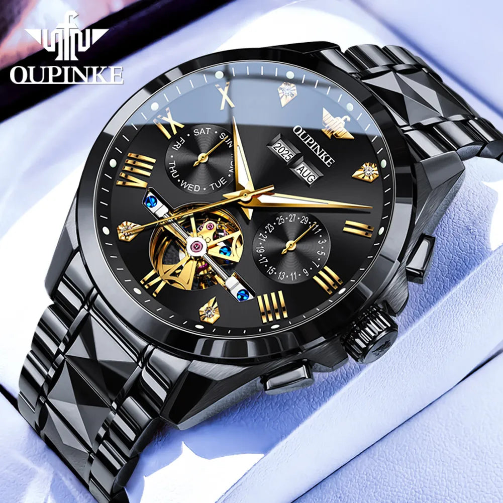 OUPINKE 3240 Skeleton Flywheel Multifunctional Automatic Mechanical Watches for Men 44mm Large Dial Tungsten Steel Luxury Watch