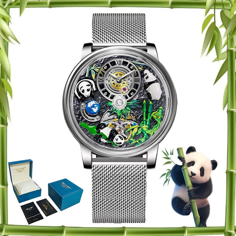 2025 PINDU New Panda Series National Treasure Symbol Men Mechanical Watch Rotating Crystal Ball 45.5MM Wristwatches Men M2791B