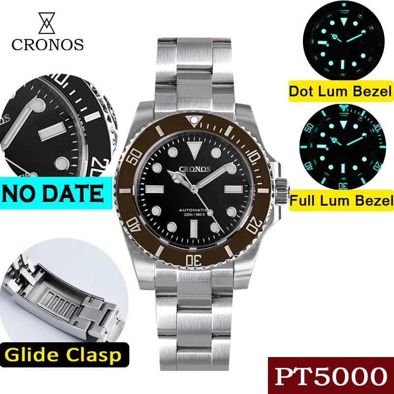 Cronos Sub Diver Men Watch No Date PT5000 Brushed Bracelet Ceramic Bezel 200 meters Water Resistant Glideclasp