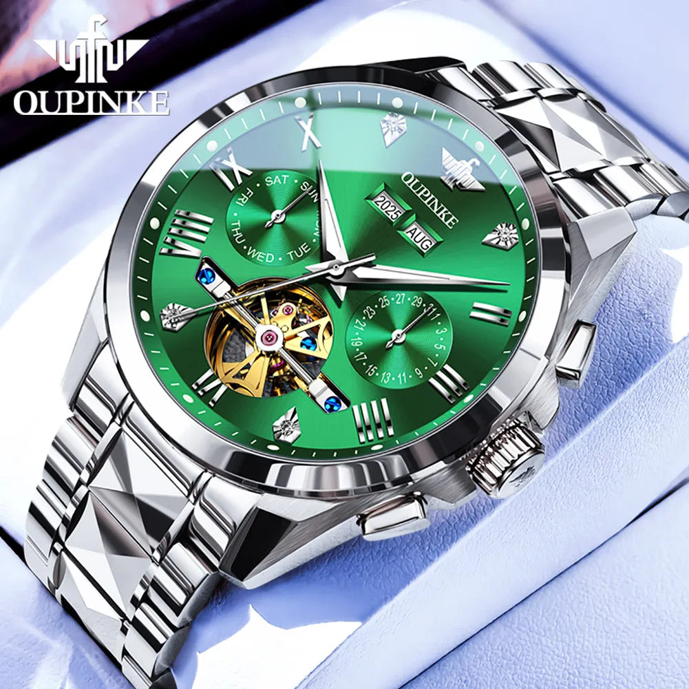 OUPINKE 3240 Skeleton Flywheel Multifunctional Automatic Mechanical Watches for Men 44mm Large Dial Tungsten Steel Luxury Watch