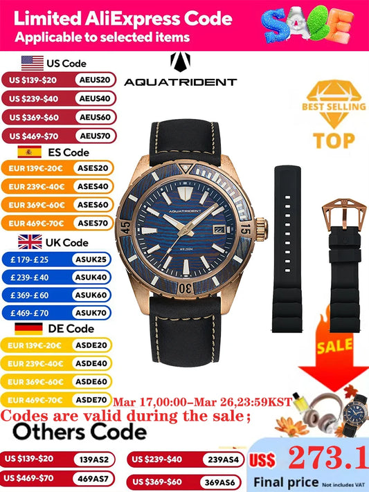 Aquatrident titanium bronze watch CUSN8 fully automatic mechanical watch 200M waterproof clockSwiss luminous retro watch for men