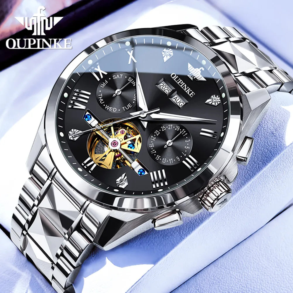 OUPINKE 3240 Skeleton Flywheel Multifunctional Automatic Mechanical Watches for Men 44mm Large Dial Tungsten Steel Luxury Watch