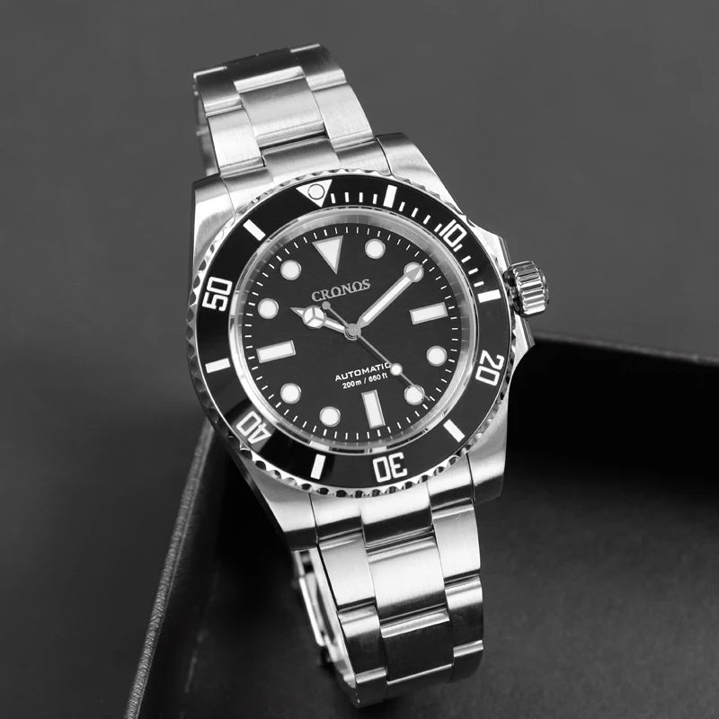 Cronos Sub Diver Men Watch No Date PT5000 Brushed Bracelet Ceramic Bezel 200 meters Water Resistant Glideclasp