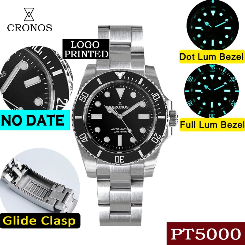 Cronos Sub Diver Men Watch No Date PT5000 Brushed Bracelet Ceramic Bezel 200 meters Water Resistant Glideclasp